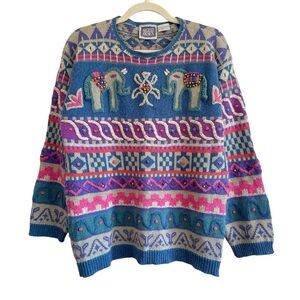 Vintage Sigrid Olsen Sweater elephant Boho 3D knit beaded dopamine colorful fun